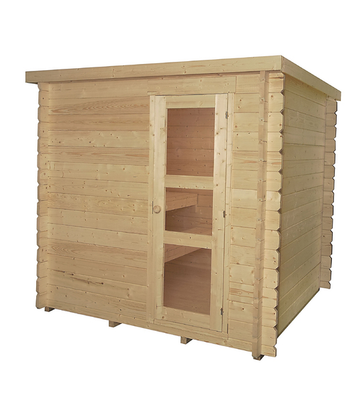 Sauna para exterior con terraza y alero frontal ancho.